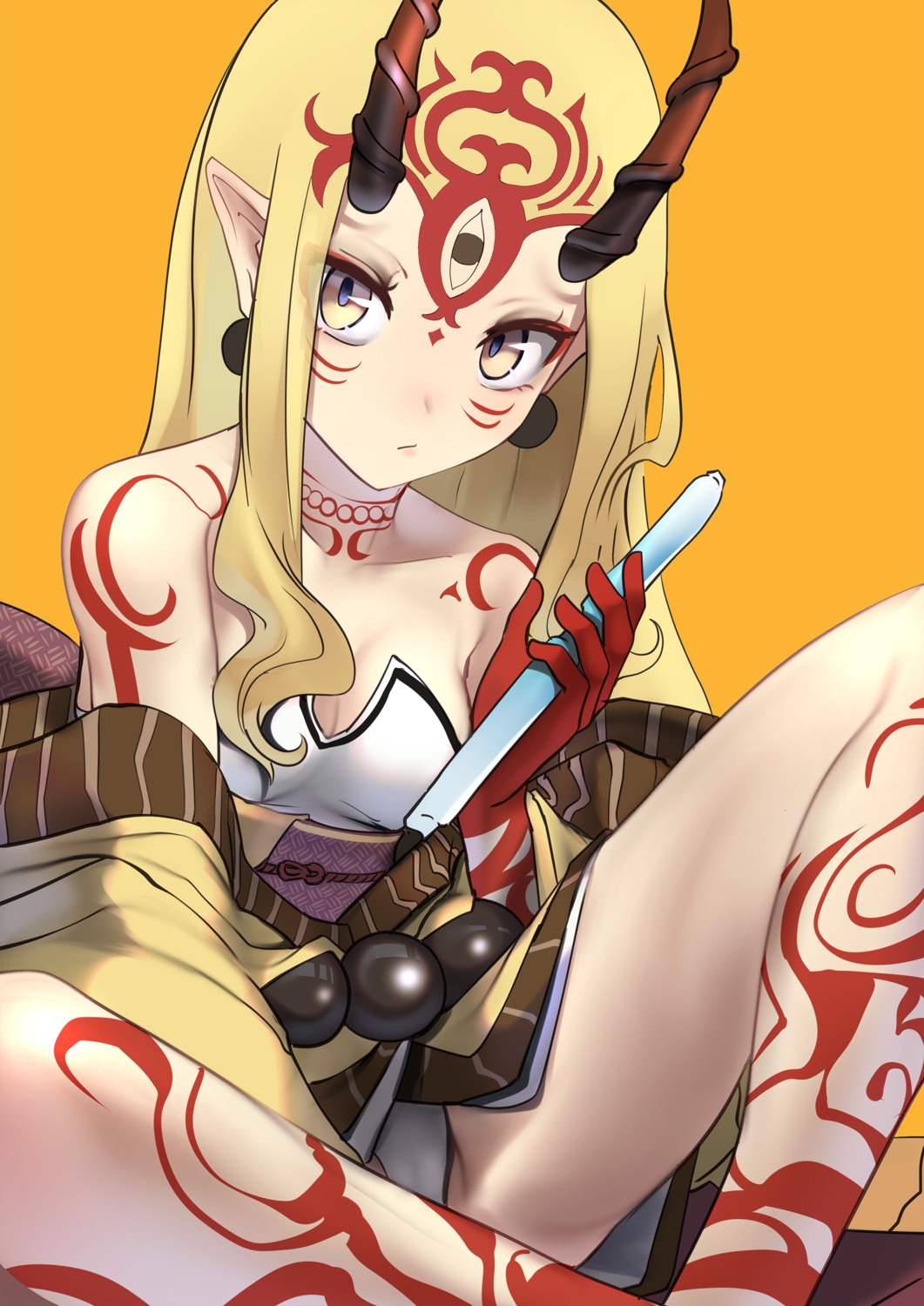 cameltoe cleavage fate/grand_order horns ibaraki_douji_(fate/grand_order) japanese_clothes nakasaku-p pantsu pointy_ears tattoo