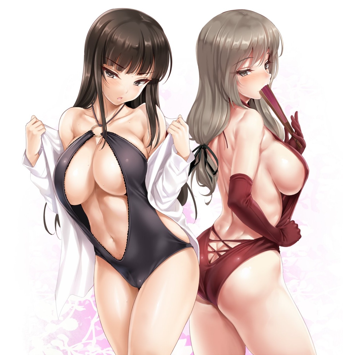 ass cameltoe cle_masahiro girls_und_panzer leotard nishizumi_shiho no_bra open_shirt shimada_chiyo undressing