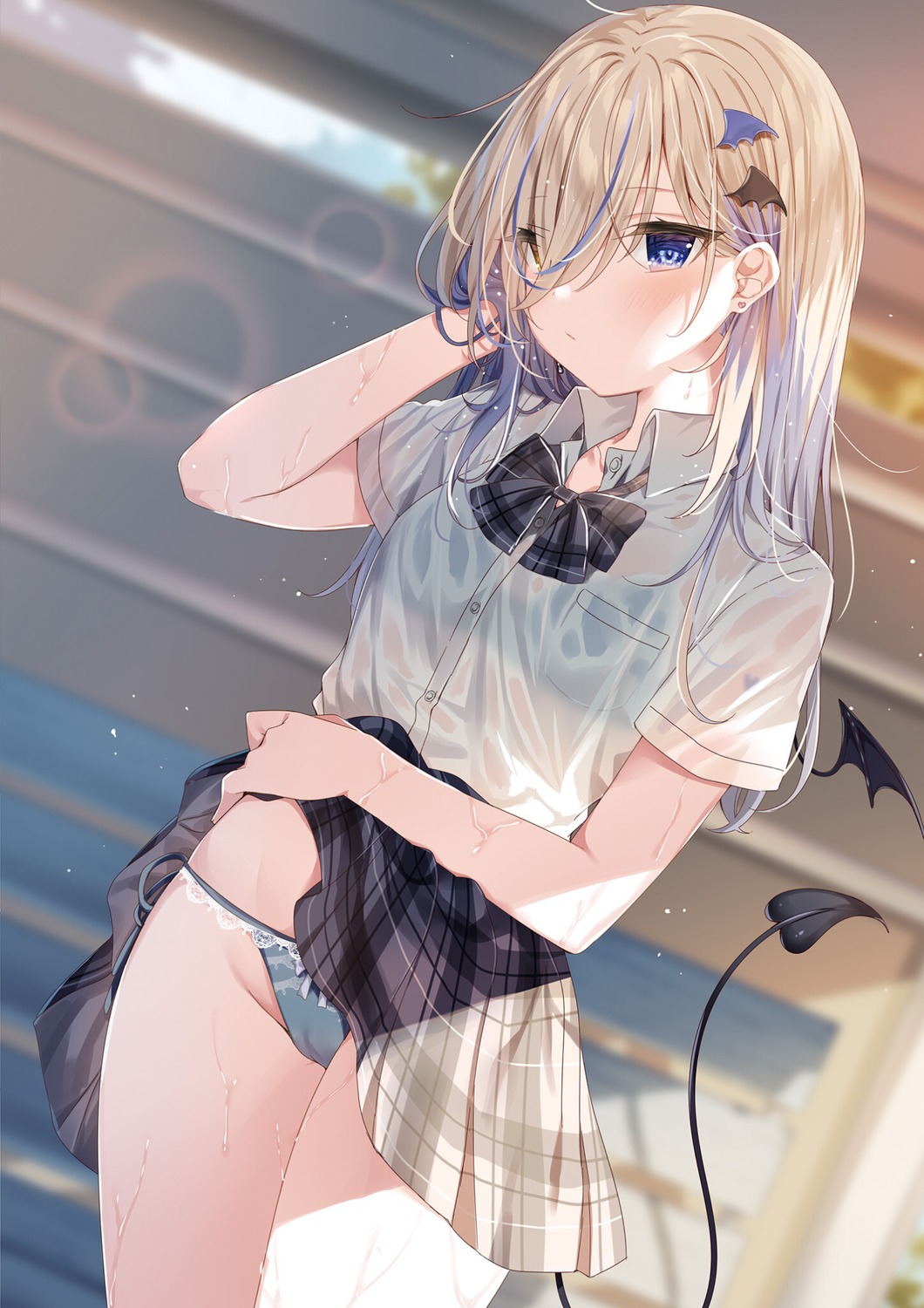 bra heterochromia mafuyu_(chibi21) pantsu ruty see_through seifuku skirt_lift tail wet wet_clothes wings