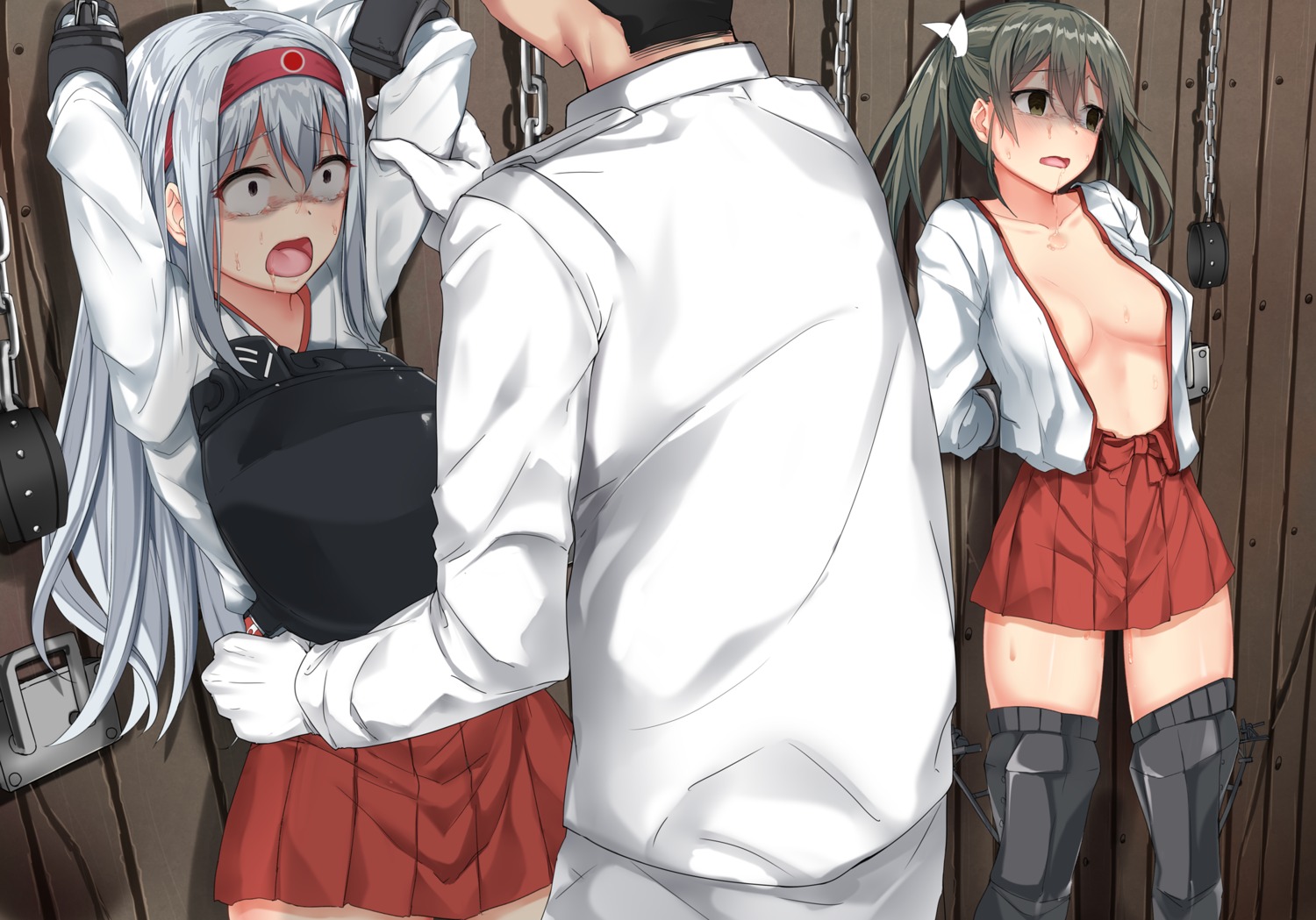 admiral_(kancolle) bondage jack_dempa kantai_collection no_bra open_shirt shoukaku_(kancolle) thighhighs uniform zuikaku_(kancolle)