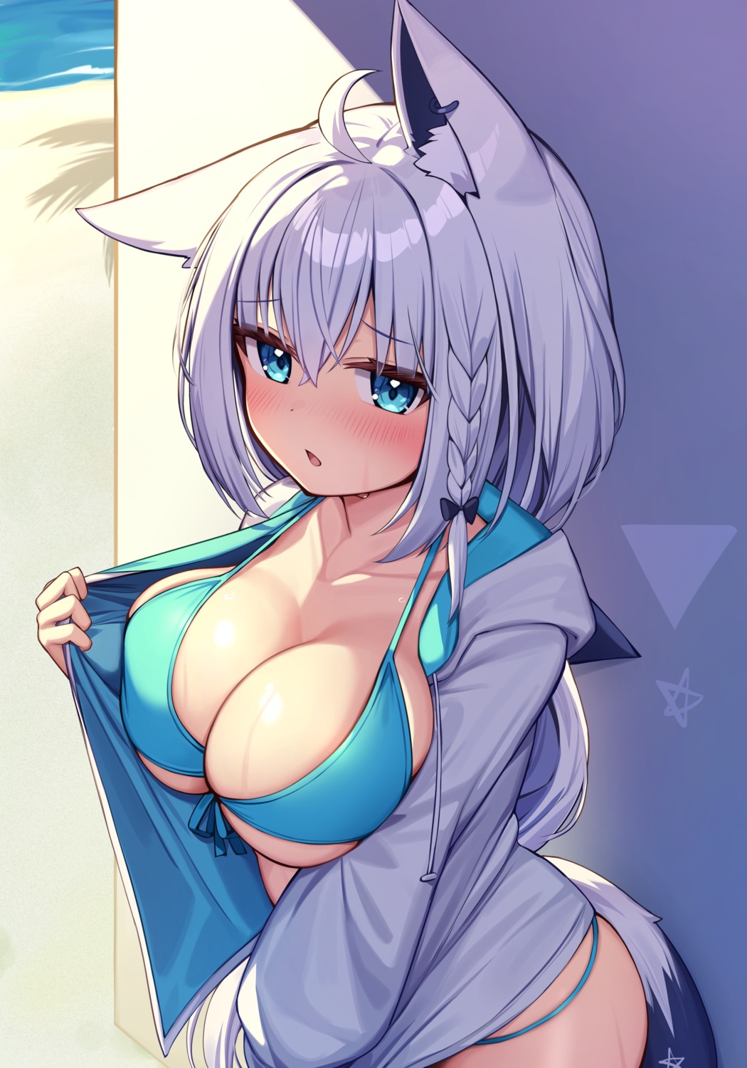 animal_ears bikini deaver hololive hololive_gamers kitsune open_shirt shirakami_fubuki swimsuits tail undressing