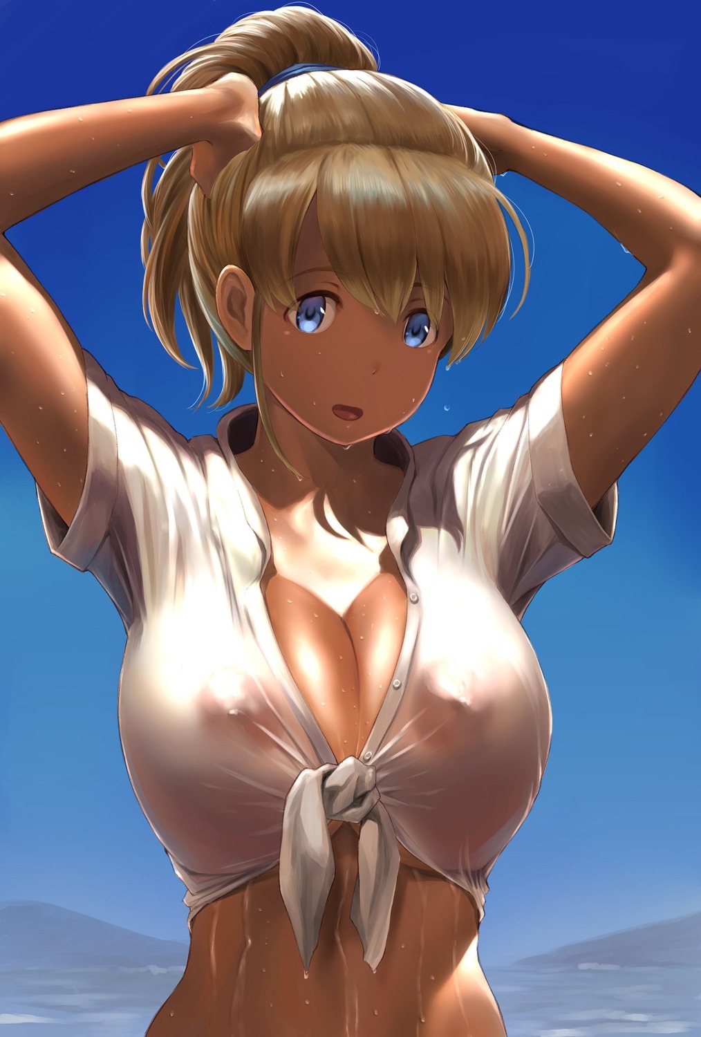 cleavage erect_nipples intrepid_(kancolle) kantai_collection no_bra open_shirt see_through wa_(genryusui) wet wet_clothes