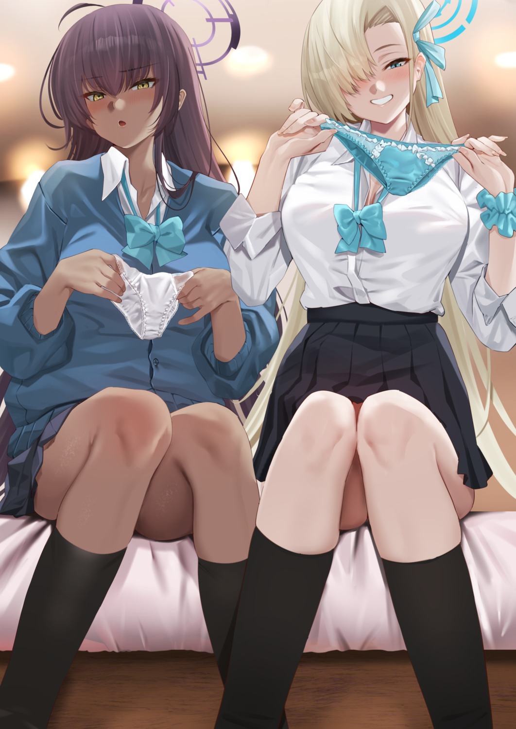 blue_archive cleavage halo ichinose_asuna kakudate_karin open_shirt pantsu ramanda seifuku skirt_lift sweater