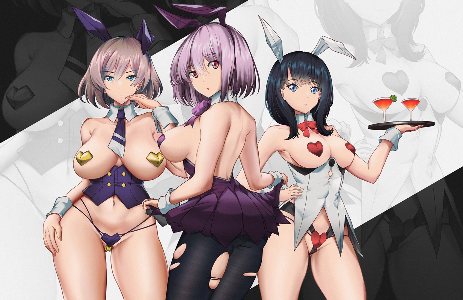 animal_ears breasts bunny_ears bunny_girl cameltoe maebari mujina no_bra pantsu pantyhose pasties persocon93 shinjou_akane ssss.dynazenon ssss.gridman takarada_rikka thong torn_clothes