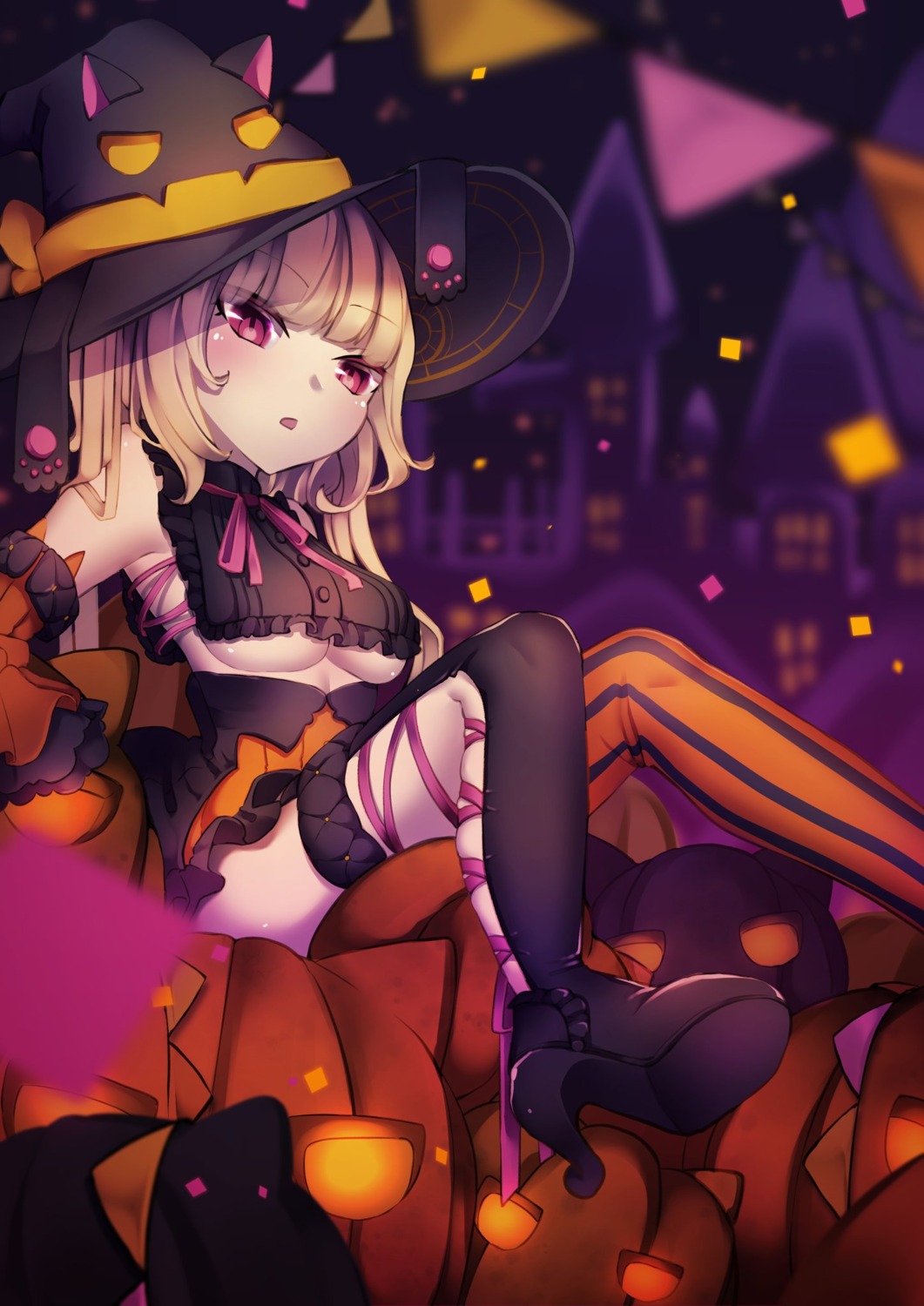 garter halloween heels nekura_poi no_bra skirt_lift thighhighs underboob witch