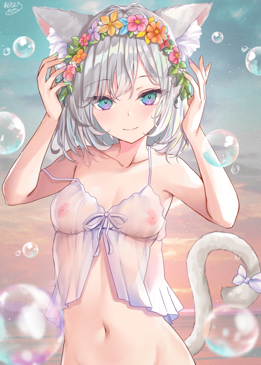 akino_ell animal_ears bottomless lingerie nekomimi nipples no_bra see_through tail