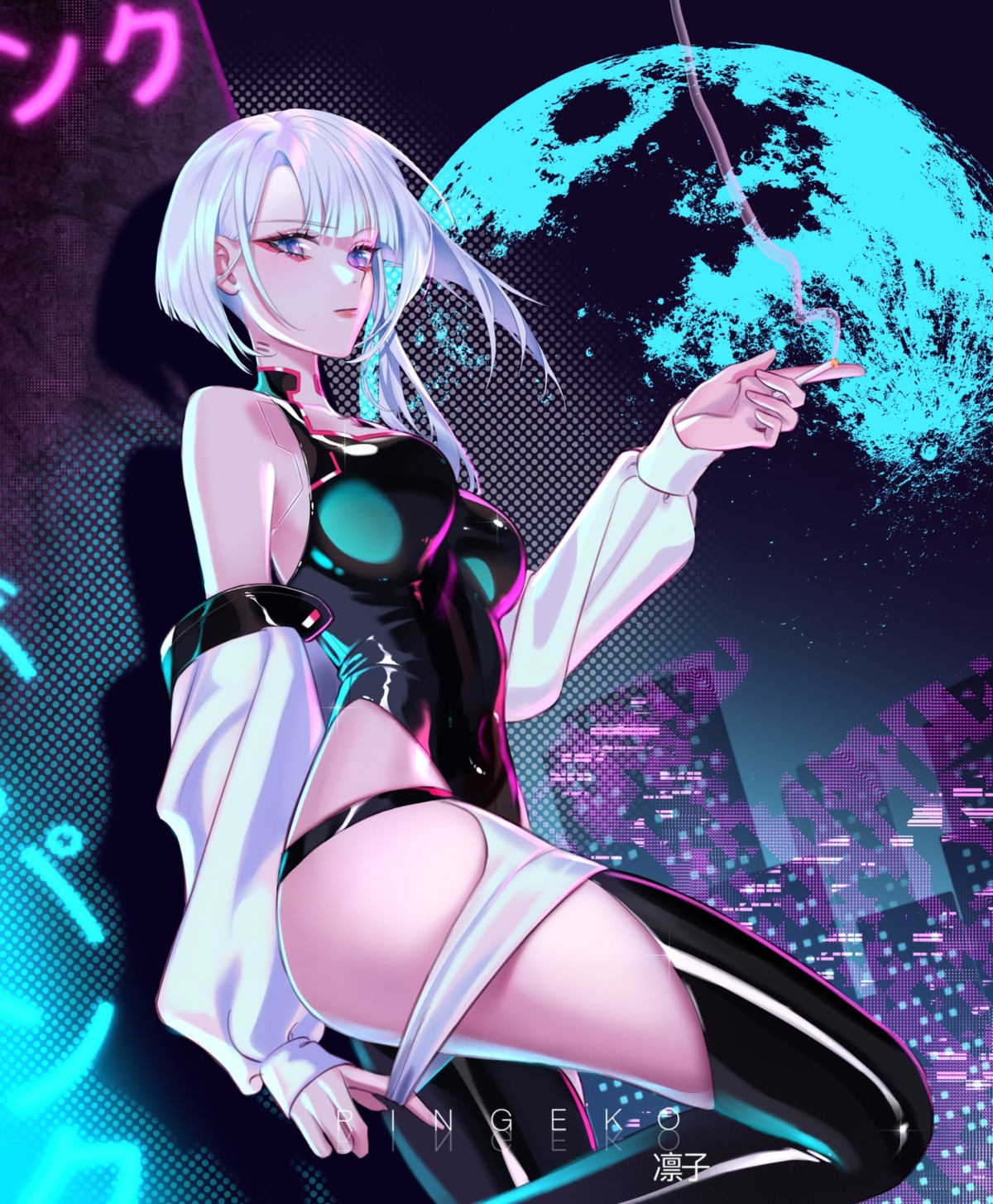 bodysuit cyberpunk:_edgerunners cyberpunk_2077 lucy_(cyberpunk) no_bra ringeko-chan smoking