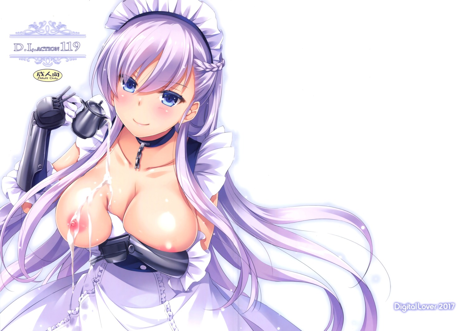 azur_lane belfast_(azur_lane) breast_grab breast_hold breasts cream digital_lover maid nakajima_yuka nipples no_bra open_shirt