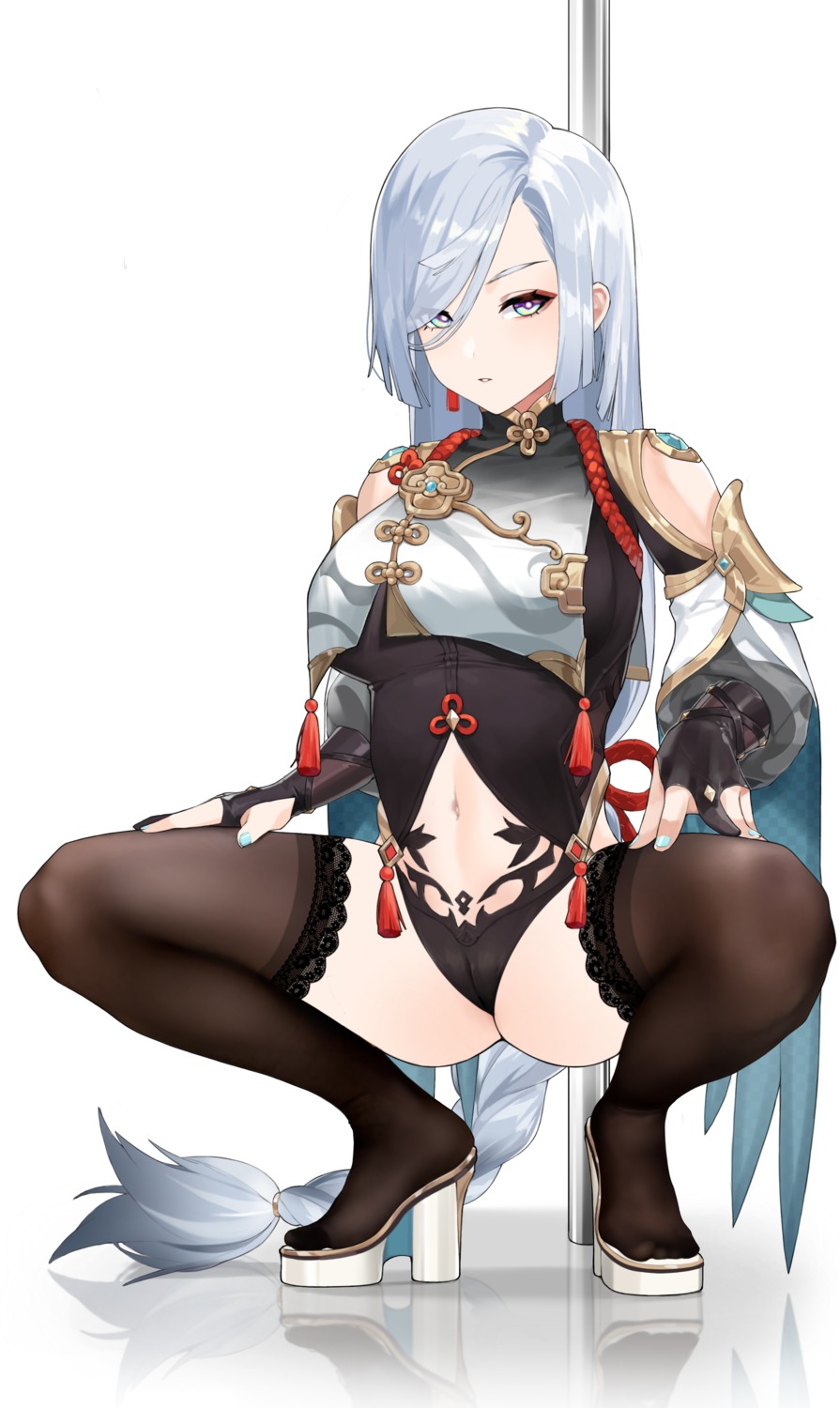 asian_clothes cameltoe genshin_impact heels hyouuma leotard shenhe thighhighs