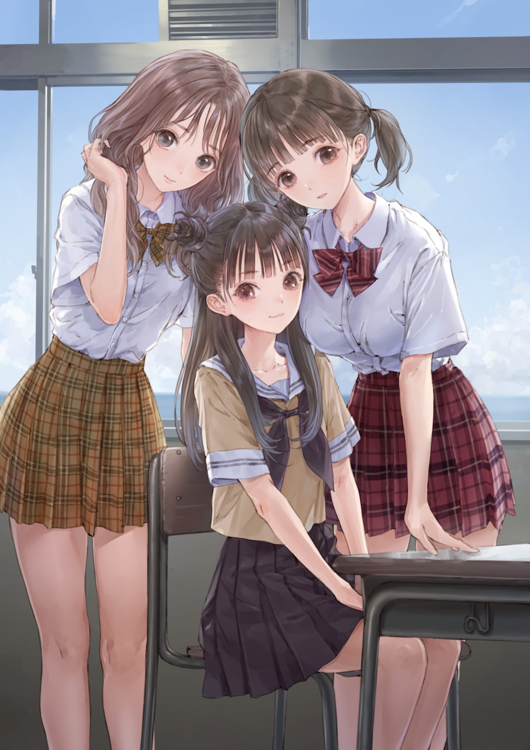 blue_reflection blue_reflection_tie kinjou_yuki kishida_mel miyauchi_rena seifuku skirt_lift utsubo_kokoro