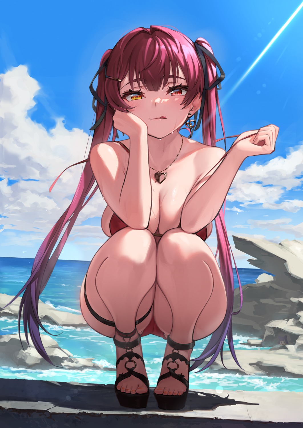 bikini cleavage garter heels heterochromia hololive houshou_marine kojy swimsuits undressing