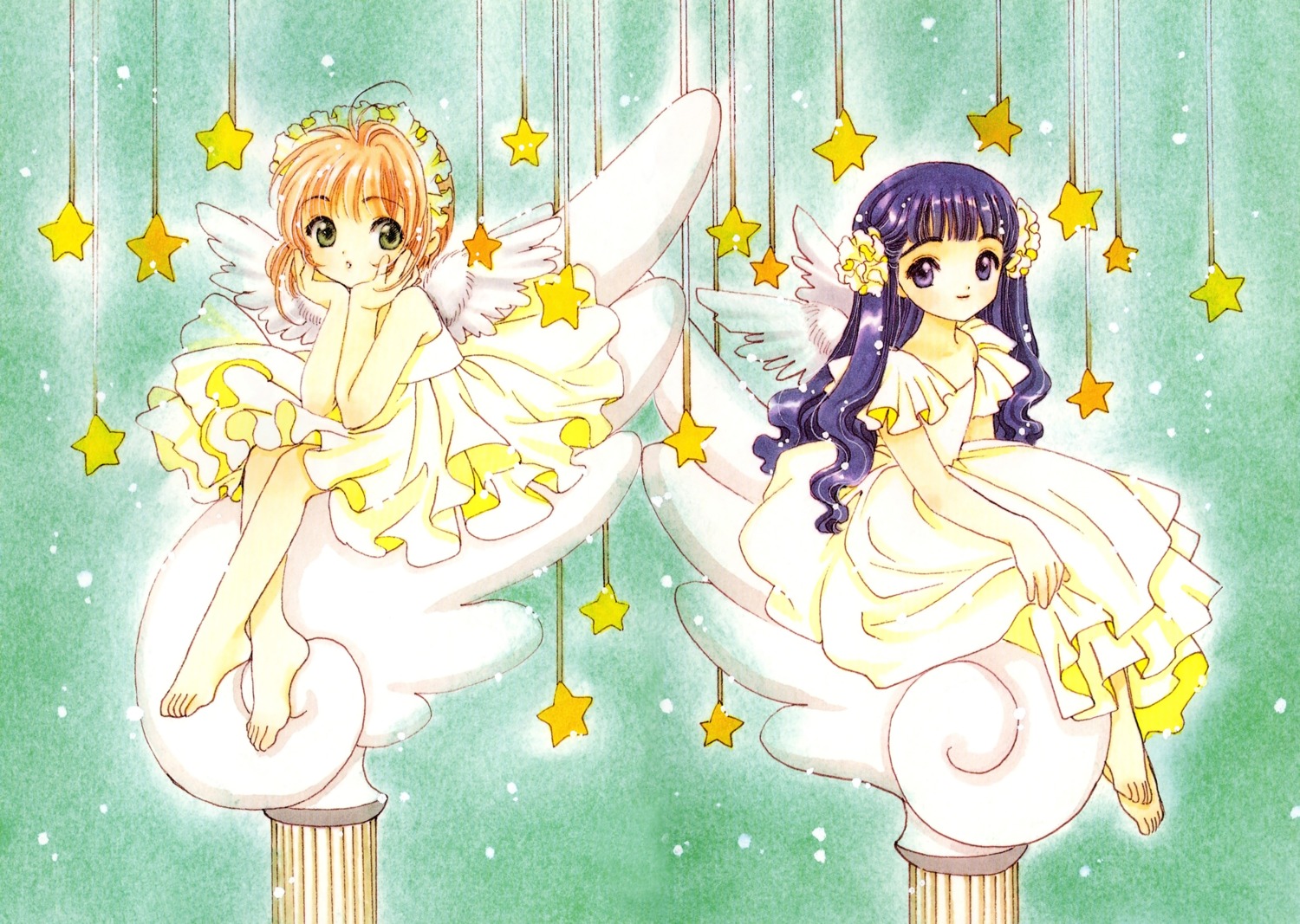 card_captor_sakura clamp daidouji_tomoyo dress feet fixed kinomoto_sakura wings