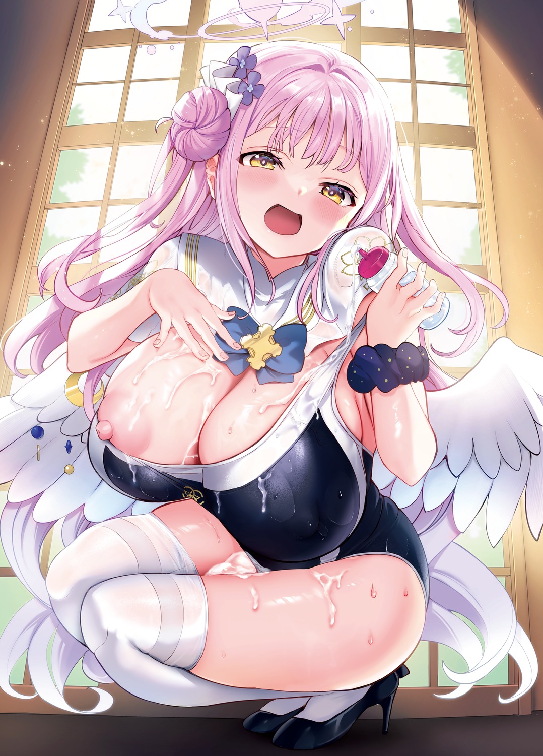 angel blue_archive breasts cream heels kazutaro misono_mika nipples see_through swimsuits thighhighs wet_clothes wings