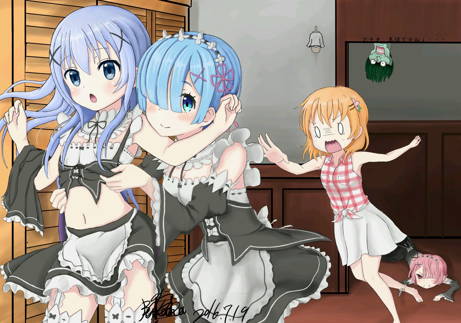 cleavage cosplay crossover gochuumon_wa_usagi_desu_ka? hoto_cocoa kafuu_chino maid petelgeuse_romaneeconti ram_(re_zero) re_zero_kara_hajimeru_isekai_seikatsu rem_(re_zero) stockings thighhighs undressing