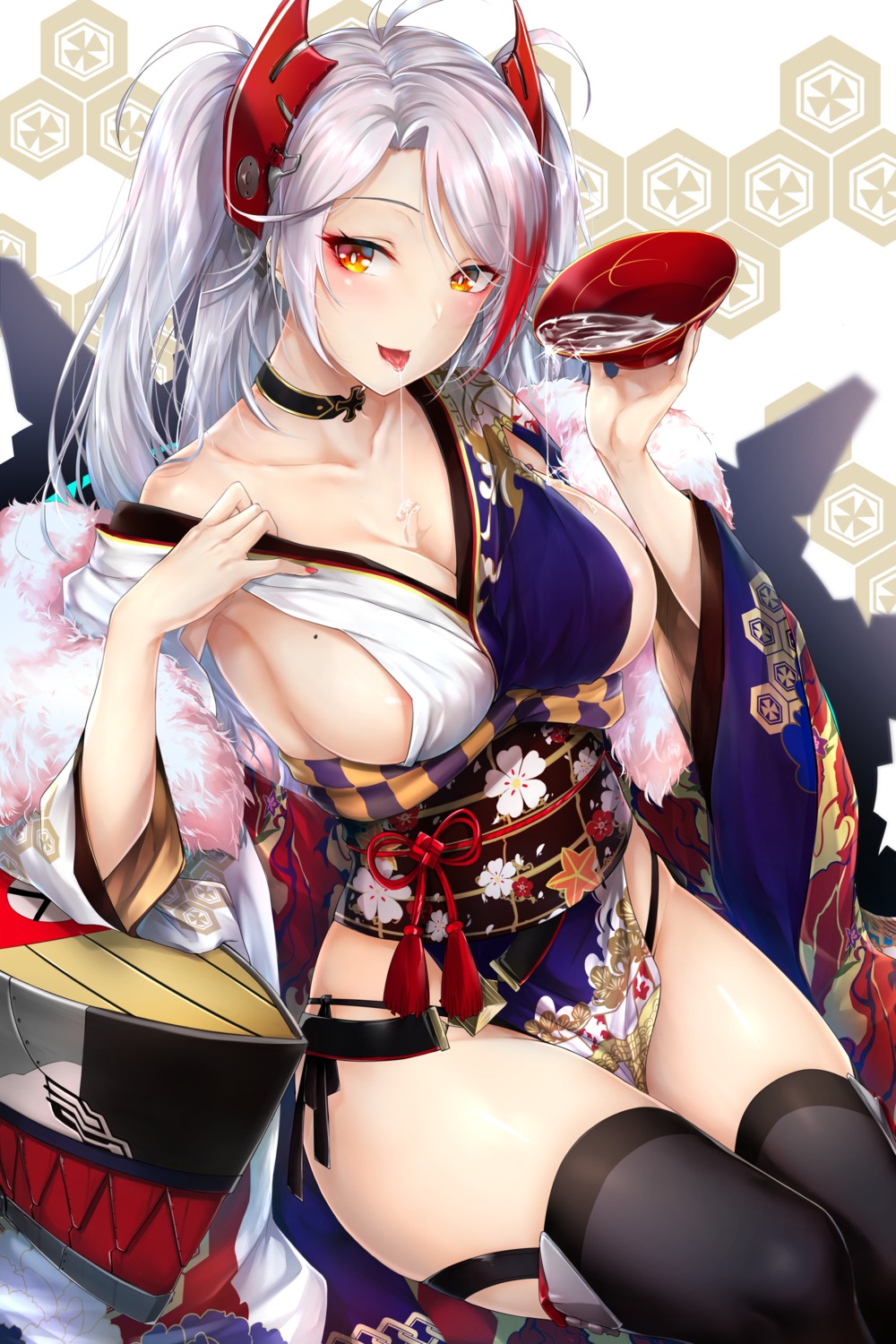 azur_lane japanese_clothes no_bra pantsu prinz_eugen_(azur_lane) rei_kun sake string_panties thighhighs wet