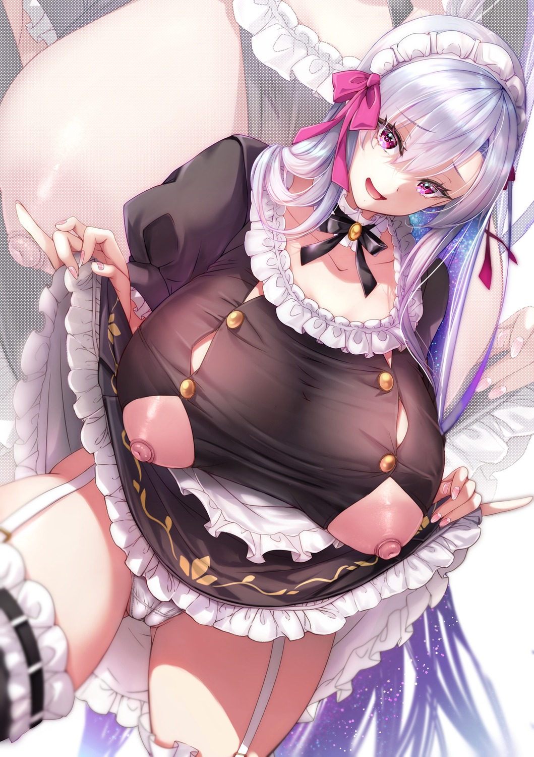 cameltoe fate/grand_order kama_(fate/grand_order) maid mia_(gute-nacht-07) nipples no_bra pantsu skirt_lift stockings thighhighs