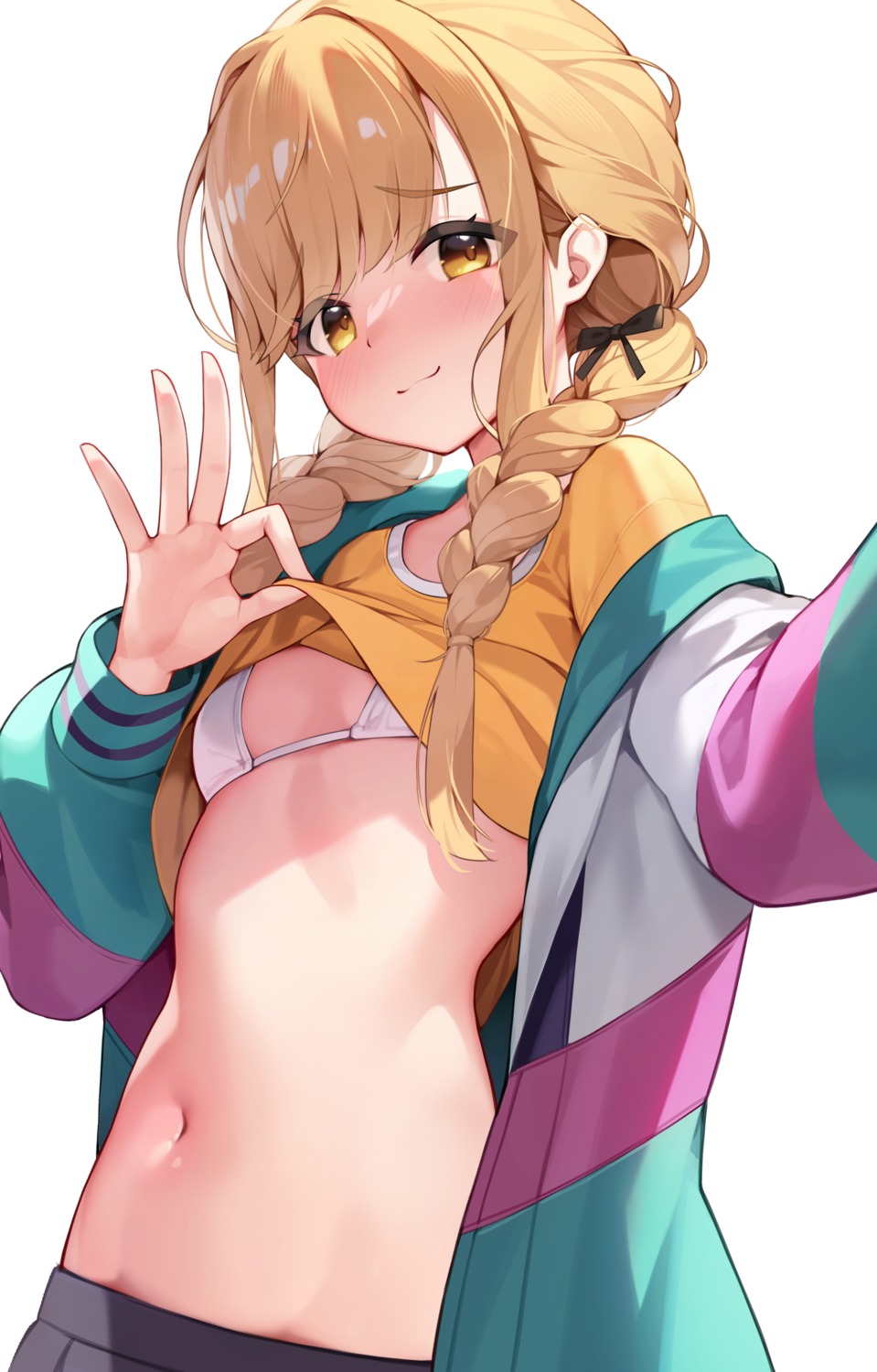 bikini_top fujita_kotone gakuen_idolm@ster loli pinki_o64 selfie shirt_lift swimsuits the_idolm@ster undressing