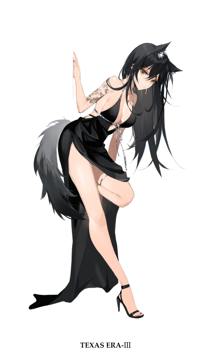 animal_ears arknights dress garter heels meng_ziya no_bra tail tattoo texas_(arknights)