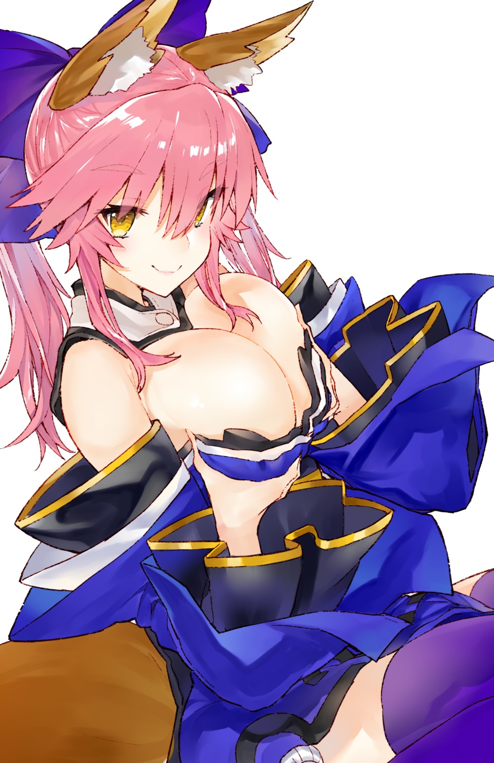 animal_ears breast_grab cleavage fate/grand_order japanese_clothes kitsune kou_mashiro open_shirt tail tamamo_no_mae thighhighs