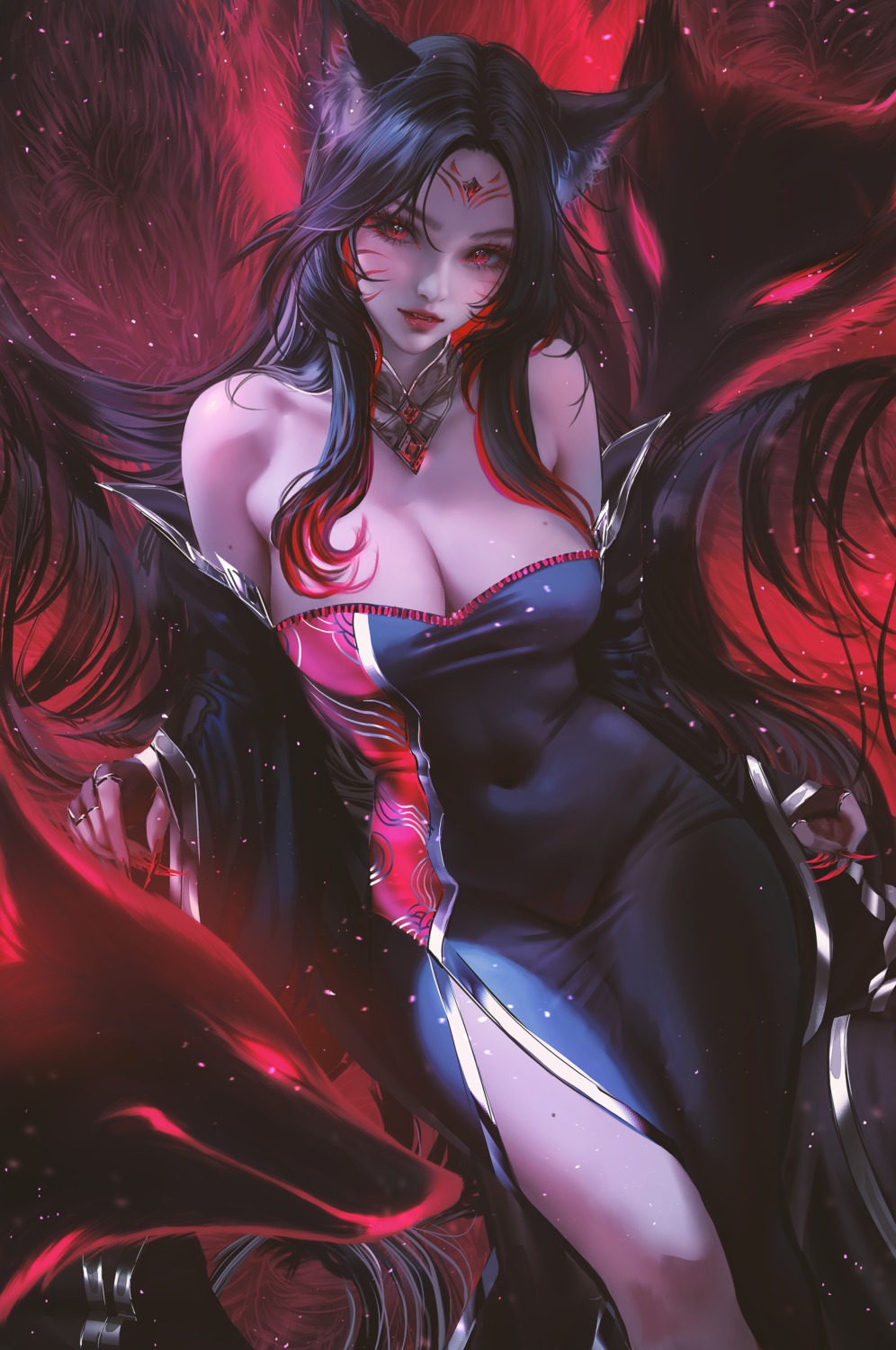 ahri animal_ears dress kitsune league_of_legends nixeu no_bra tail tattoo