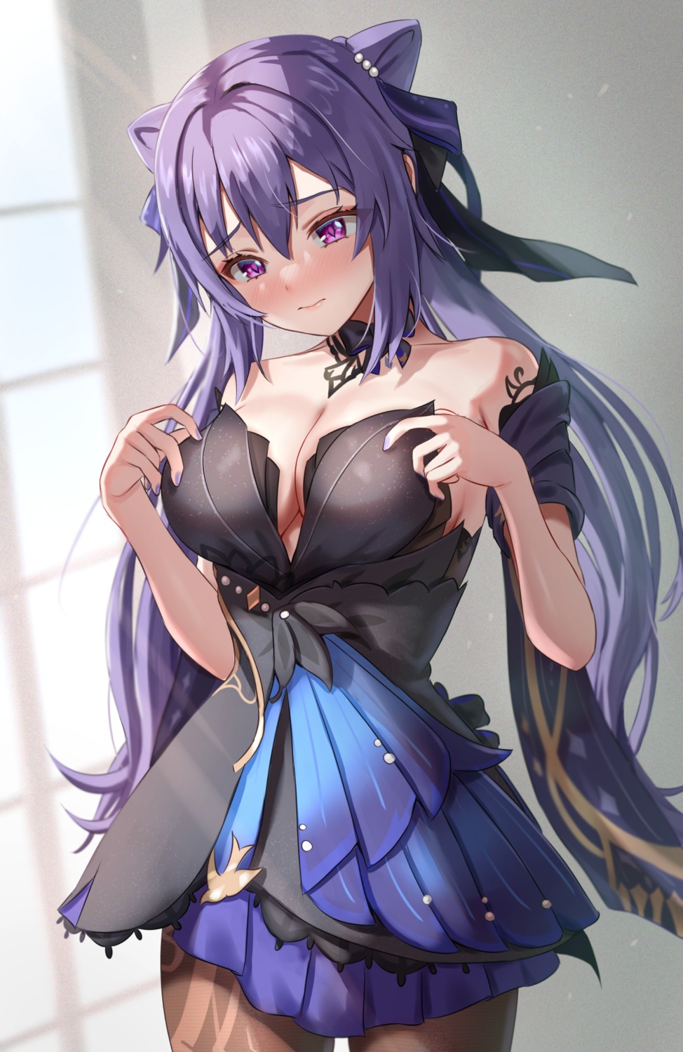 desire_(tbot7) dress genshin_impact keqing no_bra pantyhose