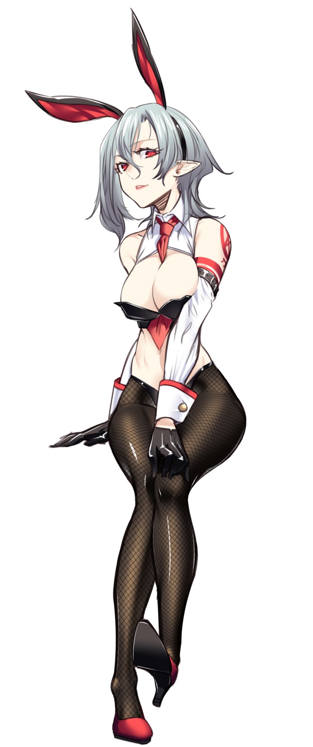 animal_ears bunny_ears bunny_girl fishnets heels no_bra pantyhose pointy_ears remilia_scarlet shukusuri tattoo touhou