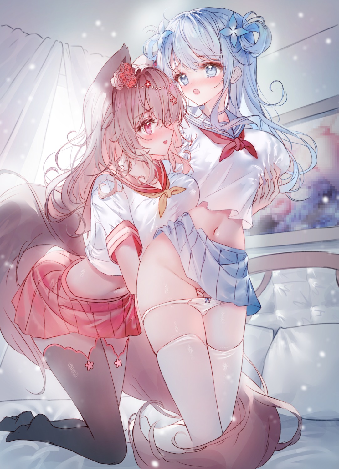 animal_ears breast_grab fingering pantsu panty_pull see_through seifuku skirt_lift tail thighhighs yuri