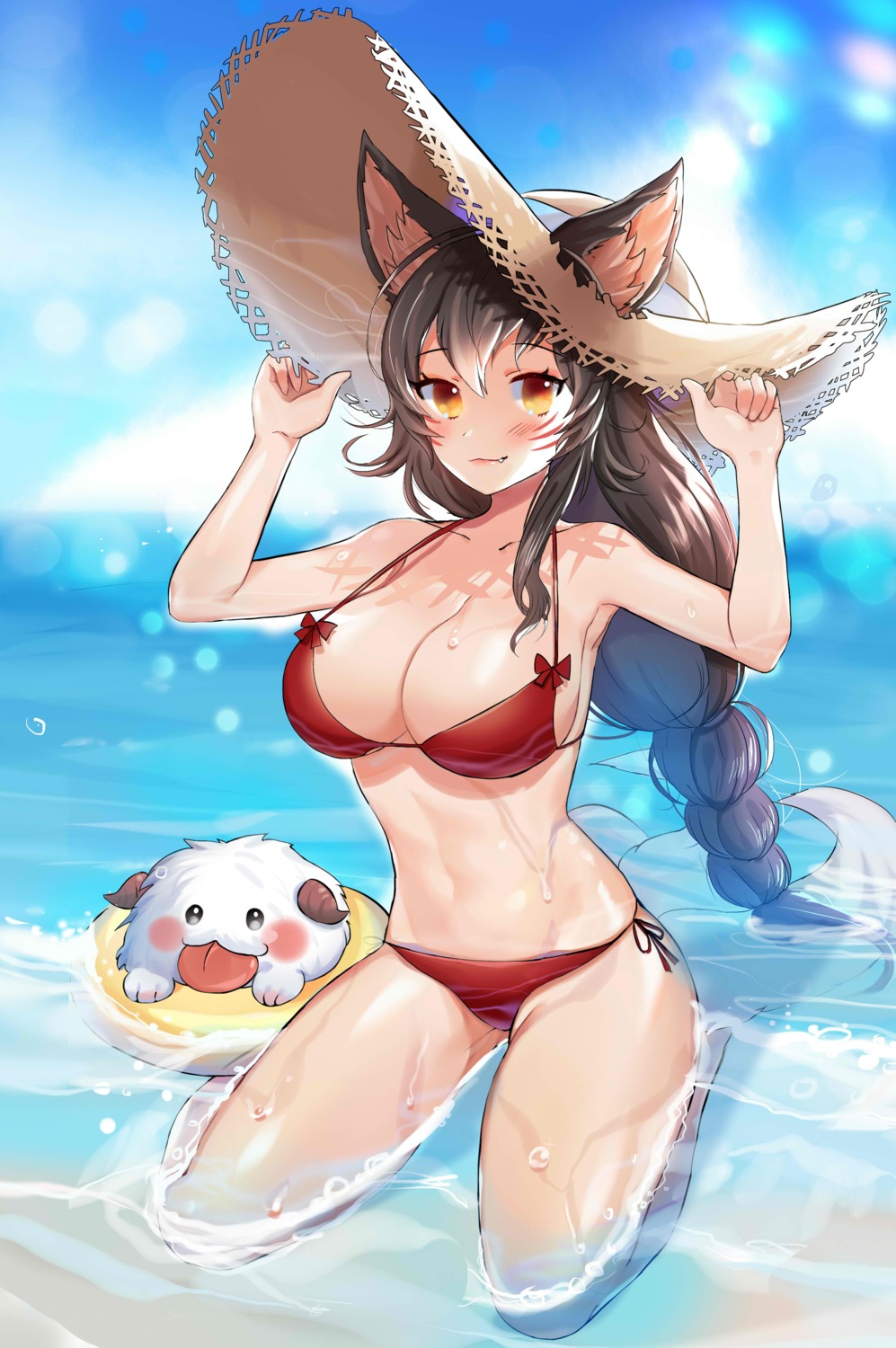 ahri animal_ears bikini cleavage league_of_legends nekomimi shorarung swimsuits tail wet