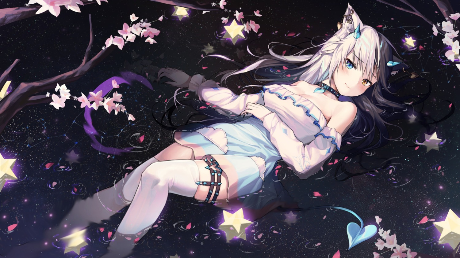 alpha_(ypalpha79) animal_ears cleavage garter heterochromia no_bra stockings tail thighhighs wallpaper wet wet_clothes