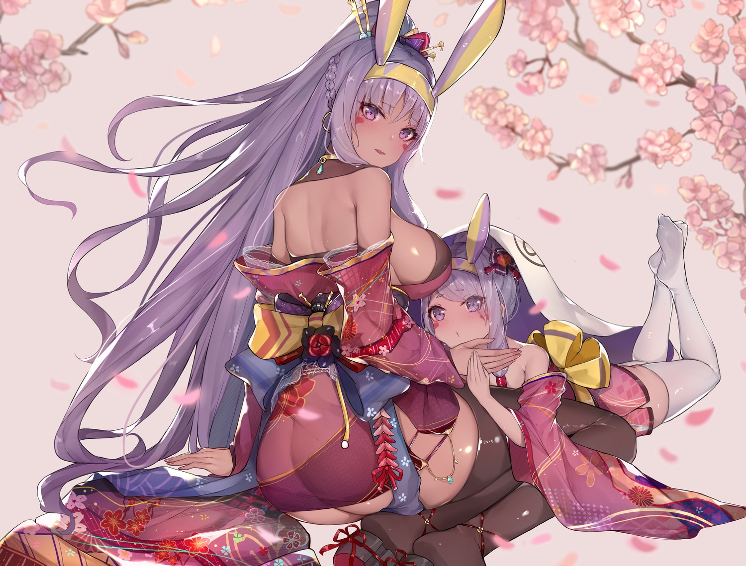 animal_ears ass bunny_ears fate/grand_order japanese_clothes nitocris_(fate/grand_order) no_bra nopan open_shirt sherryqq thighhighs