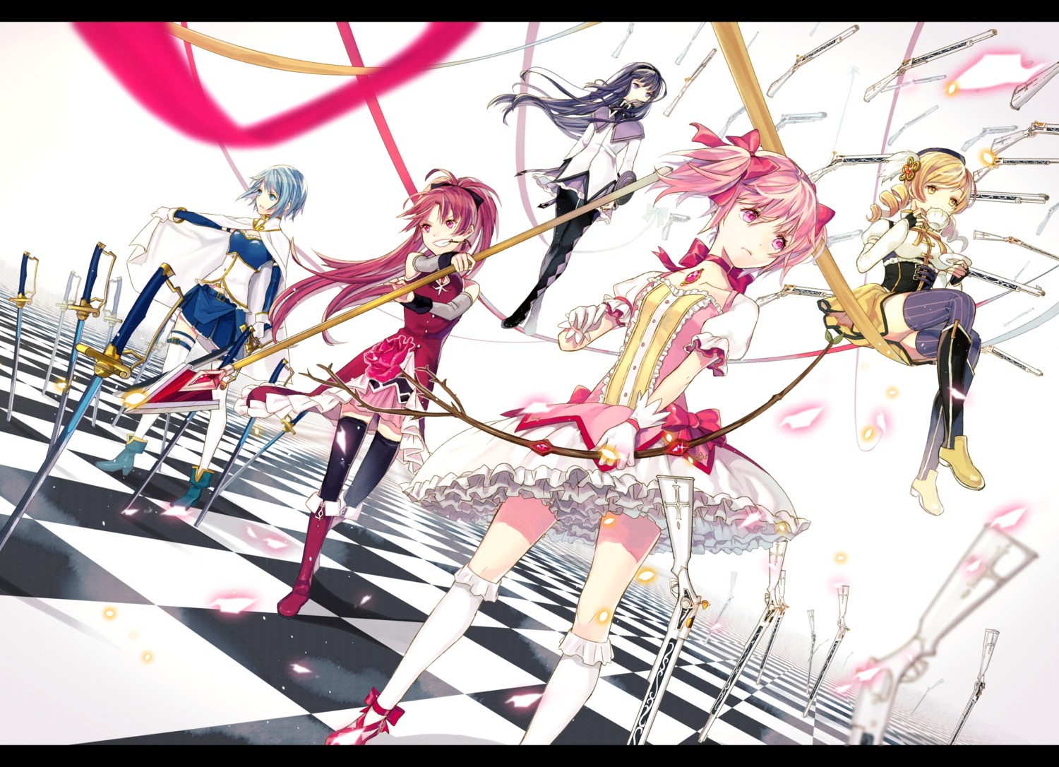 akemi_homura dress kaname_madoka miki_sayaka puella_magi_madoka_magica sakura_kyouko sword thighhighs tomoe_mami vient