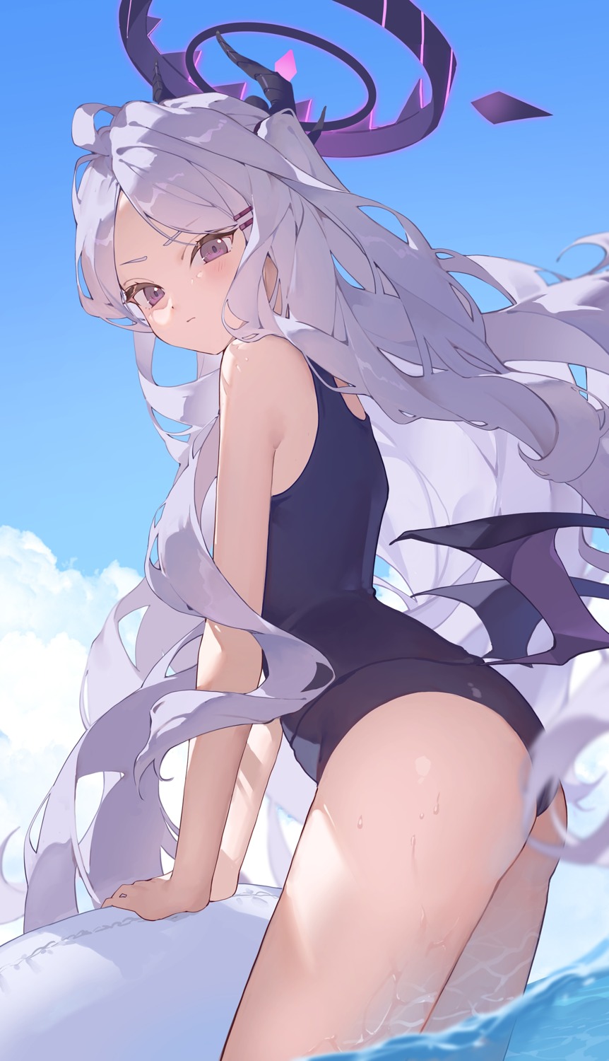 ass blue_archive devil halo horns iwashi_111 school_swimsuit sorasaki_hina swimsuits wet wings