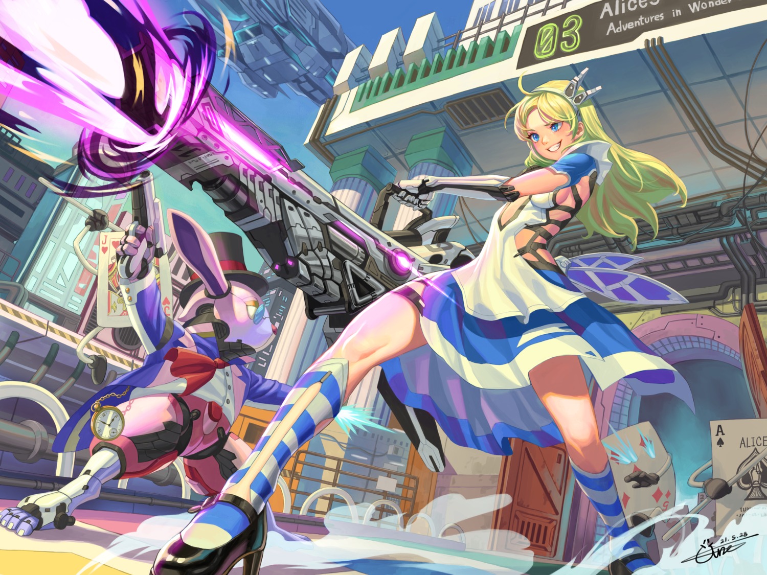 alice alice_in_wonderland dress heels mecha mecha_musume skirt_lift tiger_june weapon white_rabbit