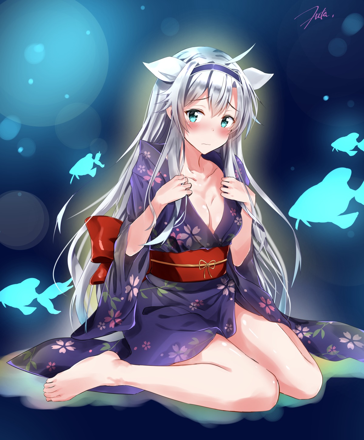 akgotch feet open_shirt rokudenashi_majutsu_koushi_to_akashic_record sistina_fibel undressing yukata