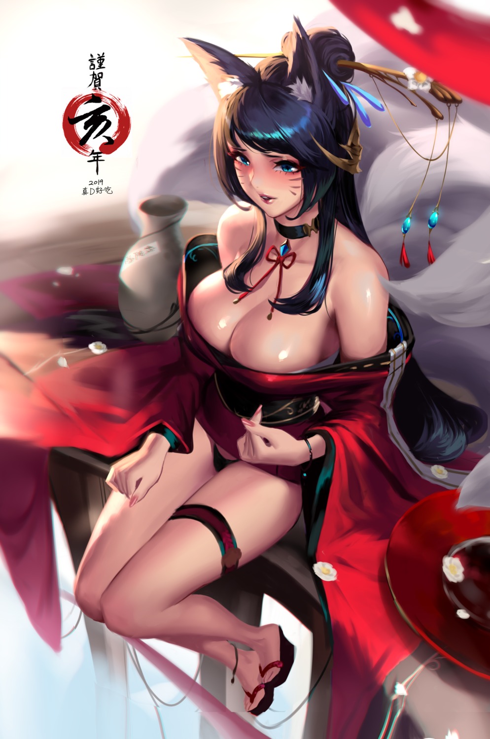 ahri animal_ears cianyo cleavage garter kimono kitsune league_of_legends no_bra open_shirt pantsu tail