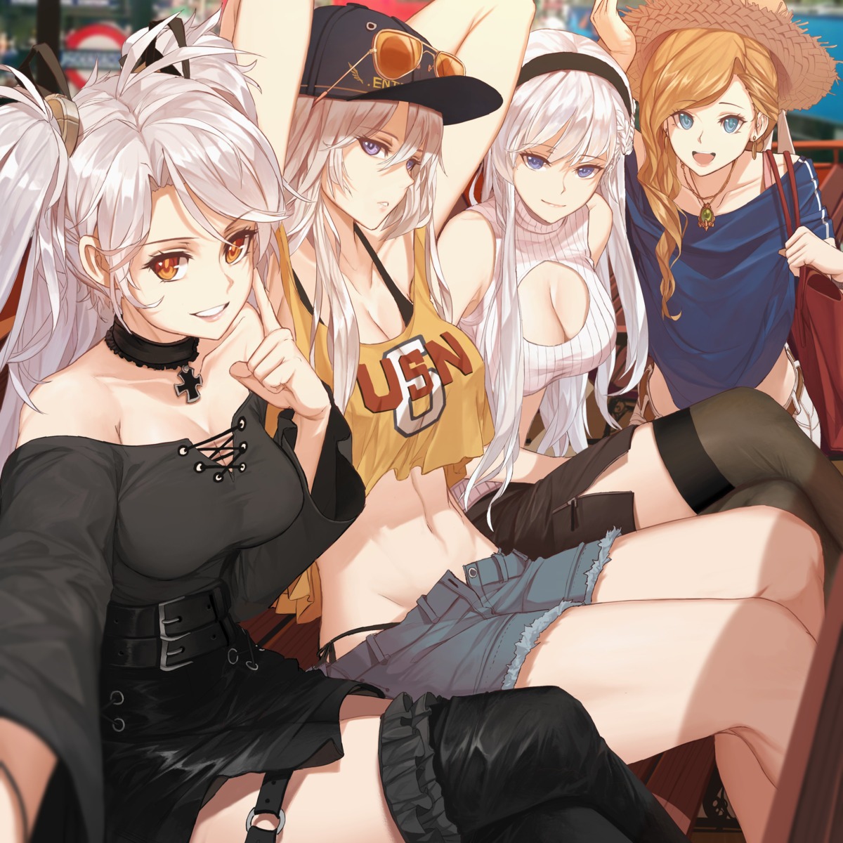 azur_lane belfast_(azur_lane) cleavage dishwasher1910 enterprise_(azur_lane) hood_(azur_lane) megane prinz_eugen_(azur_lane) thighhighs