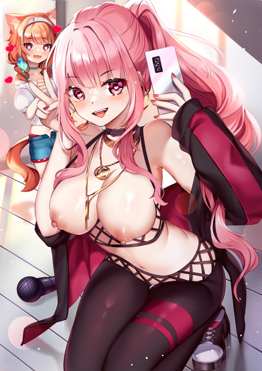 animal_ears breasts garter hololive hololive_english mori_calliope nekomimi nipples no_bra open_shirt selfie squchan tail takanashi_kiara