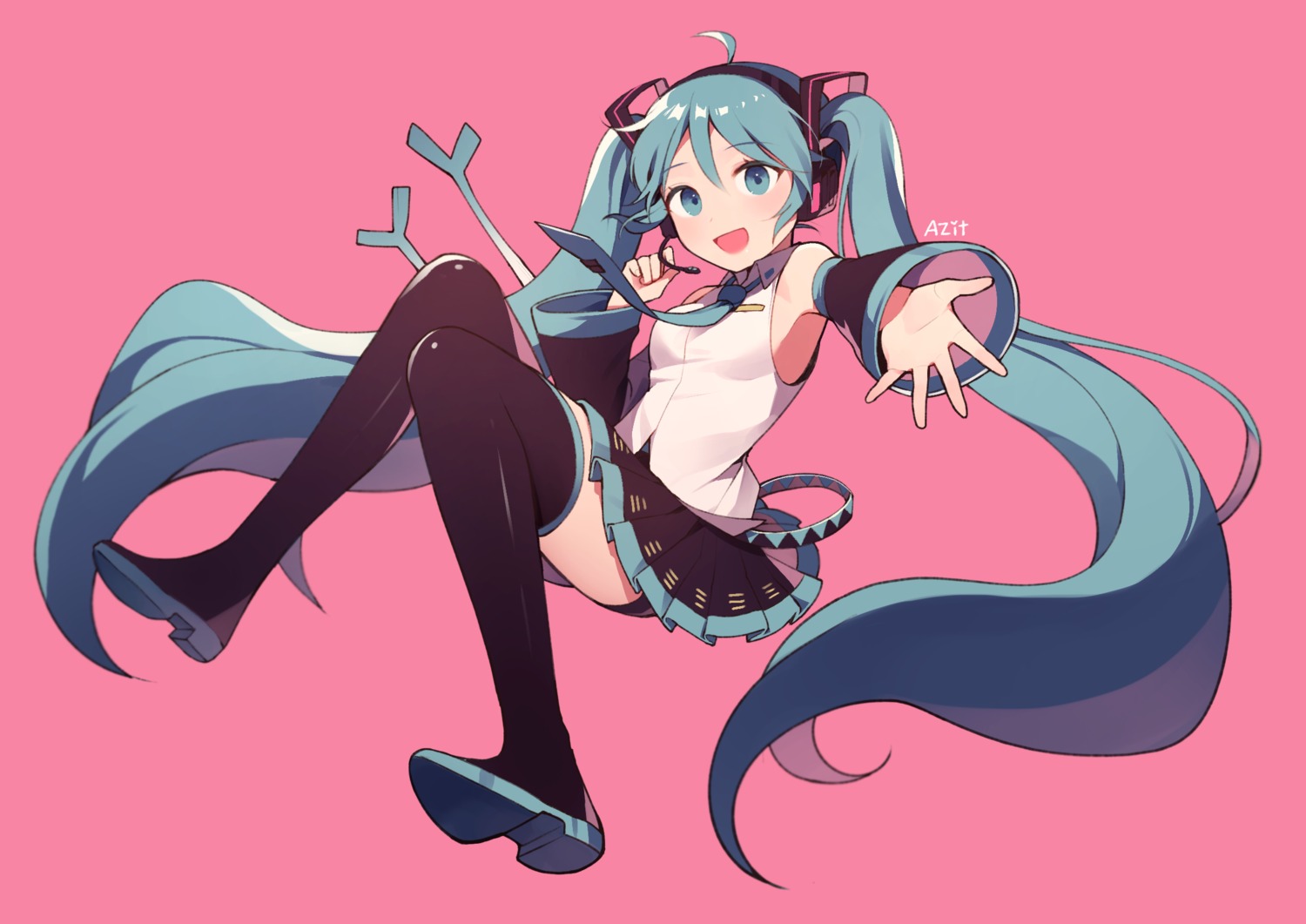 azit_(down) hatsune_miku headphones thighhighs vocaloid