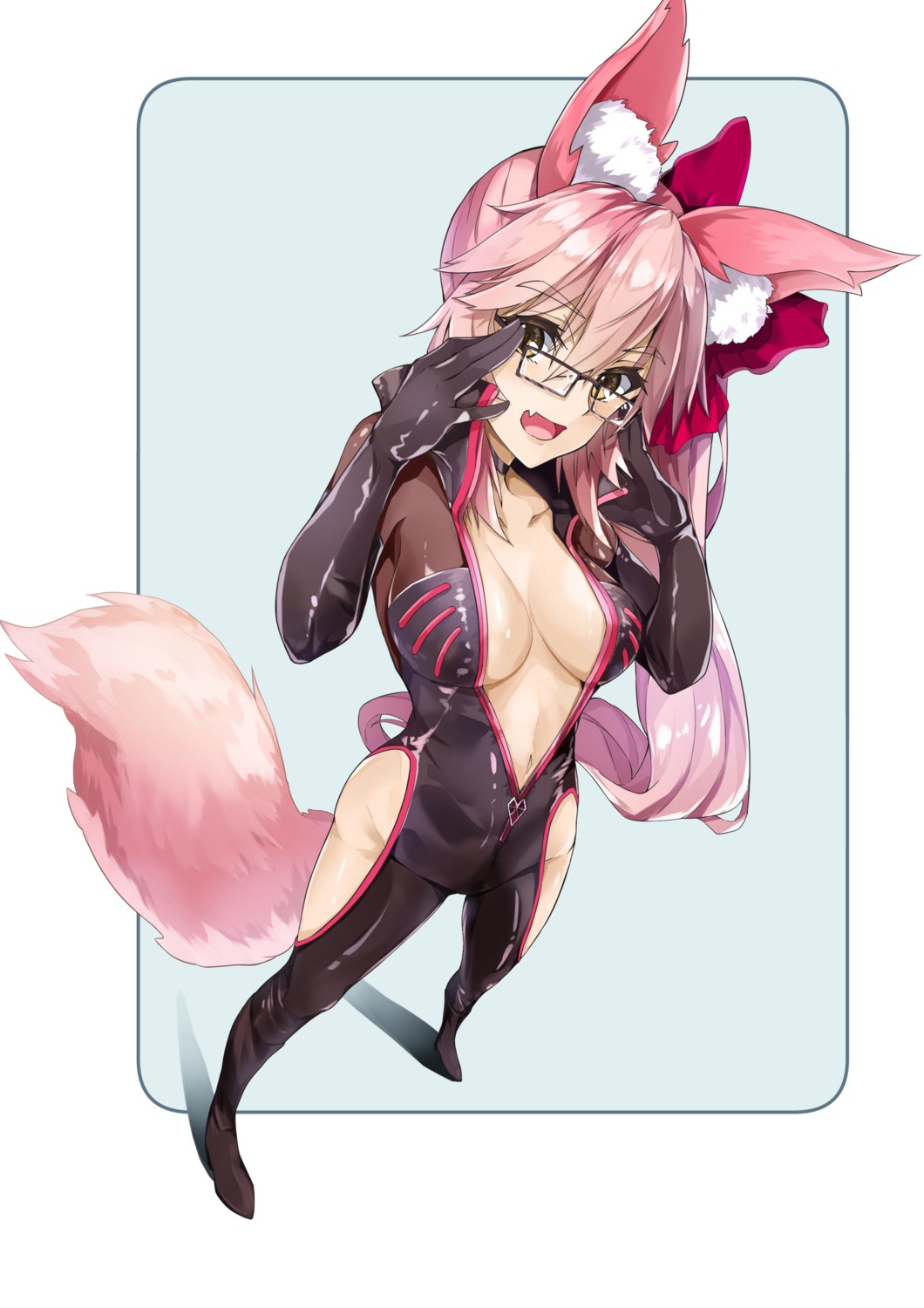 animal_ears bodysuit cleavage damow_(myway83522) fate/grand_order kitsune megane no_bra open_shirt tail tamamo_vitch_koyanskaya