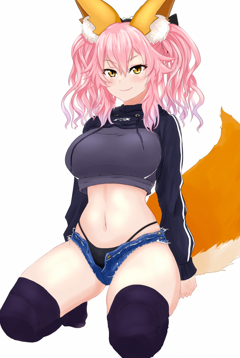 animal_ears fate/grand_order kitsune pantsu tail tamamo_no_mae thighhighs torn_clothes viperxtr