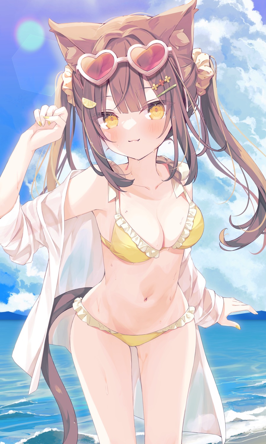 animal_ears bikini hoshi megane nekomimi open_shirt see_through swimsuits tail wet