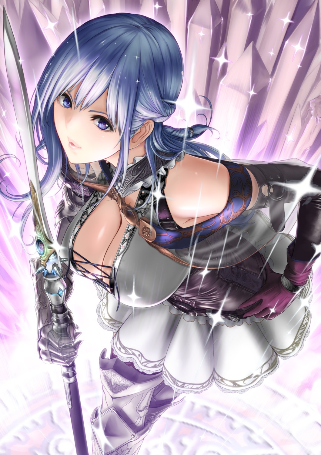 armor cleavage shisshou_senkoku thighhighs weapon