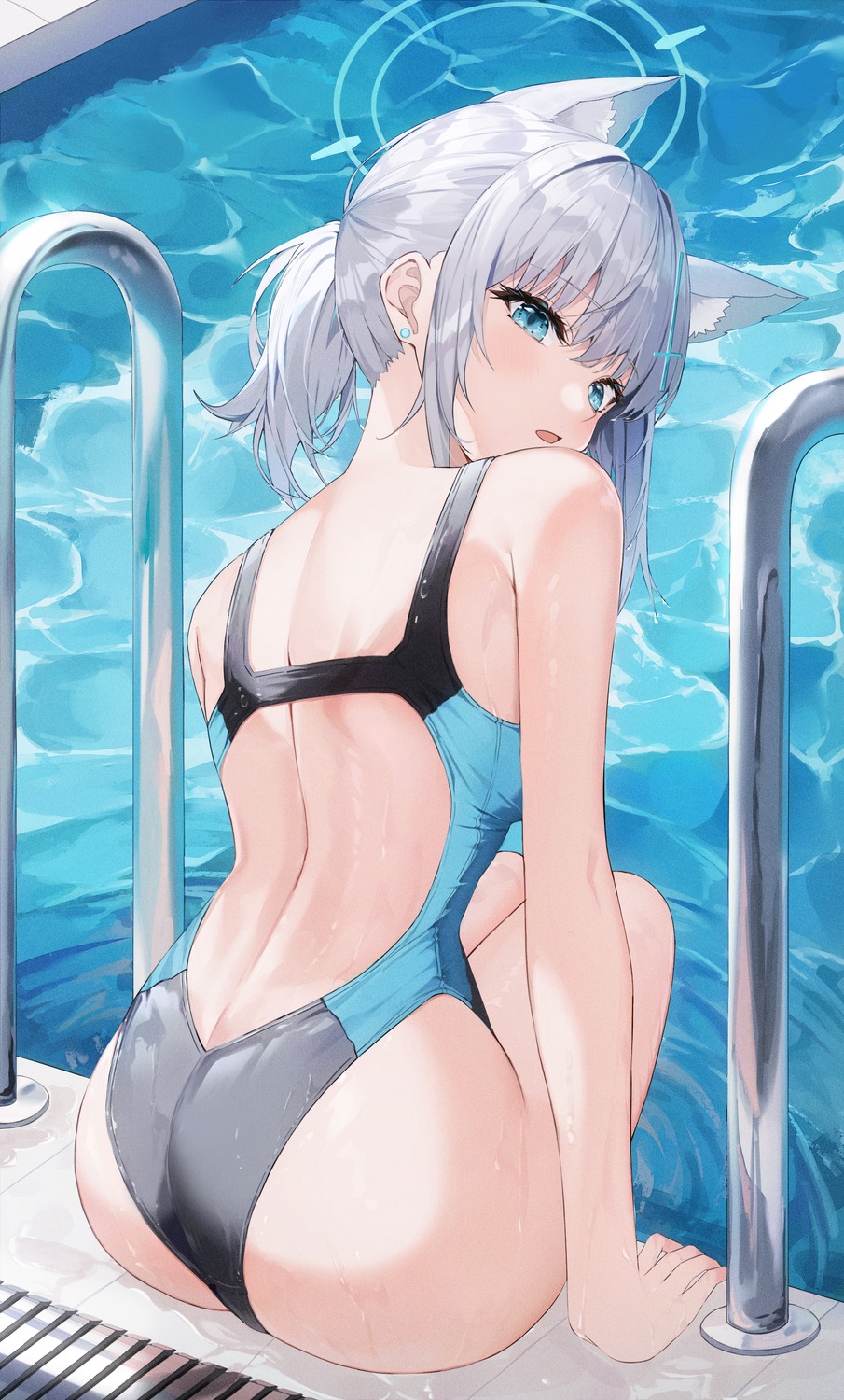 animal_ears ass blue_archive halo k.j. nekomimi sunaookami_shiroko swimsuits wet