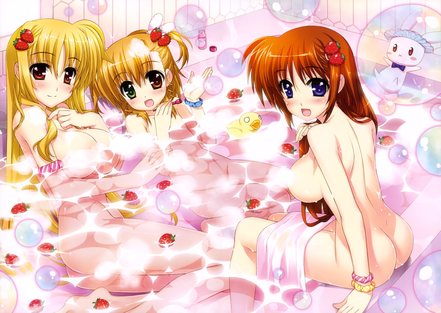 ass bathing censored fate_testarossa fujima_takuya heterochromia mahou_shoujo_lyrical_nanoha mahou_shoujo_lyrical_nanoha_vivid naked sacred_heart takamachi_nanoha towel vivio wet