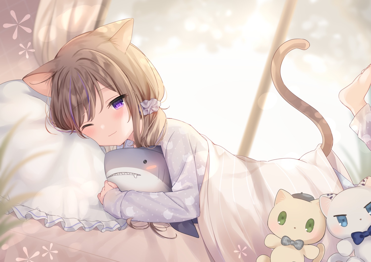 animal_ears leo mafuyu_(chibi21) neko nekomimi pajama sheets tail