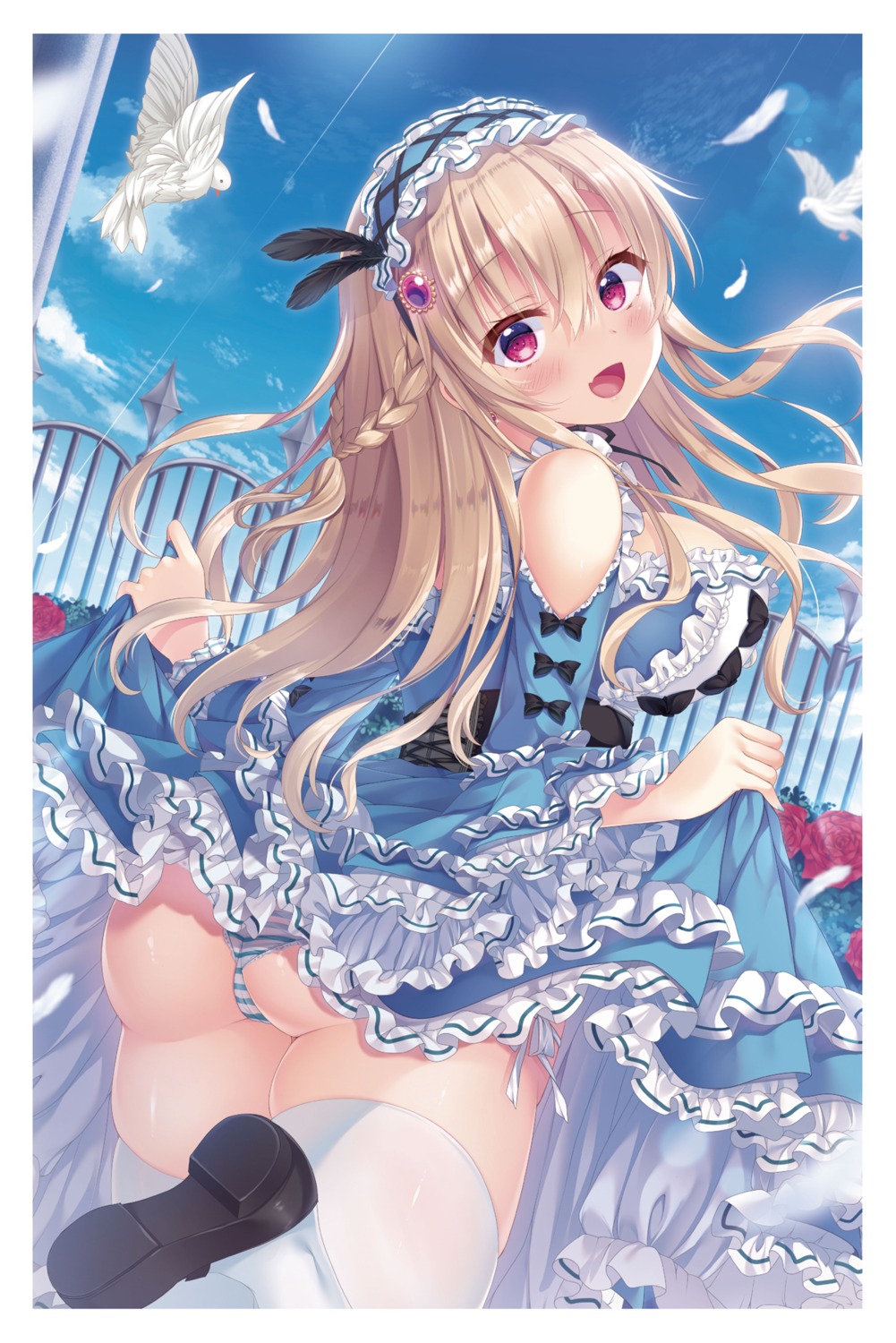 dress komiya_hitoma pantsu shimapan skirt_lift thighhighs