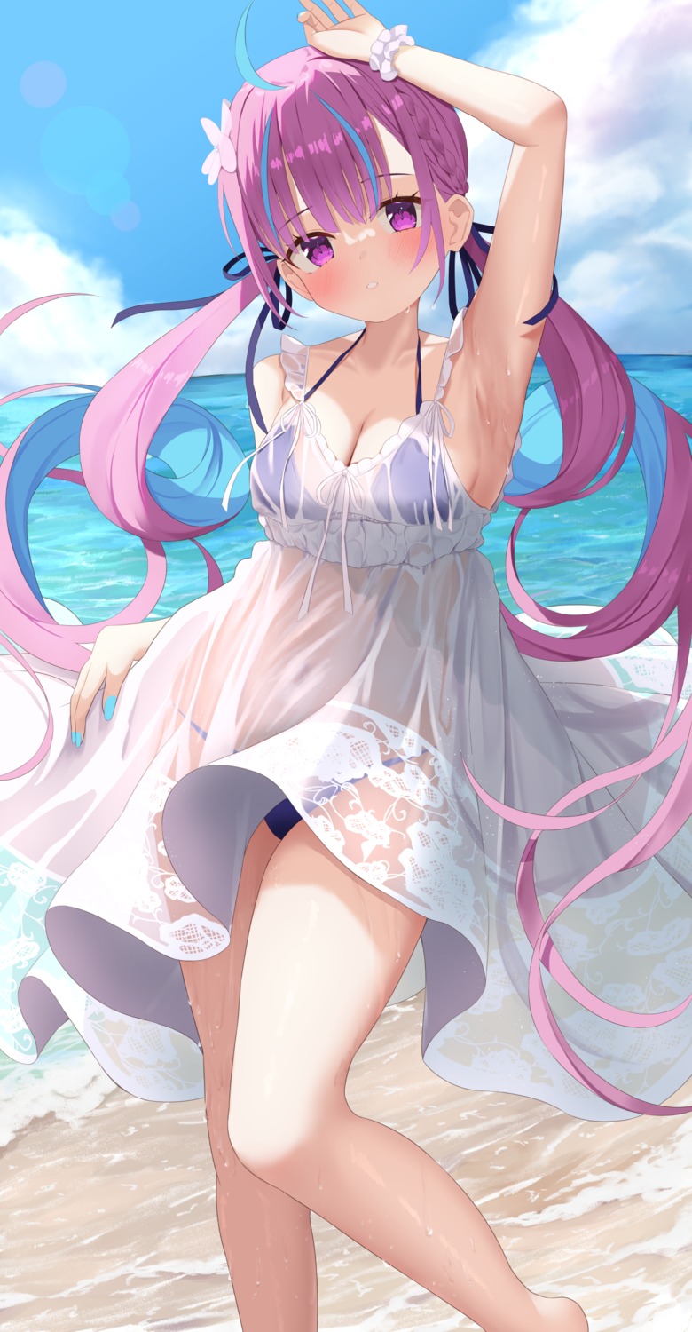 bikini dress hololive minato_aqua saki_(saki_paint) see_through skirt_lift summer_dress swimsuits wet wet_clothes