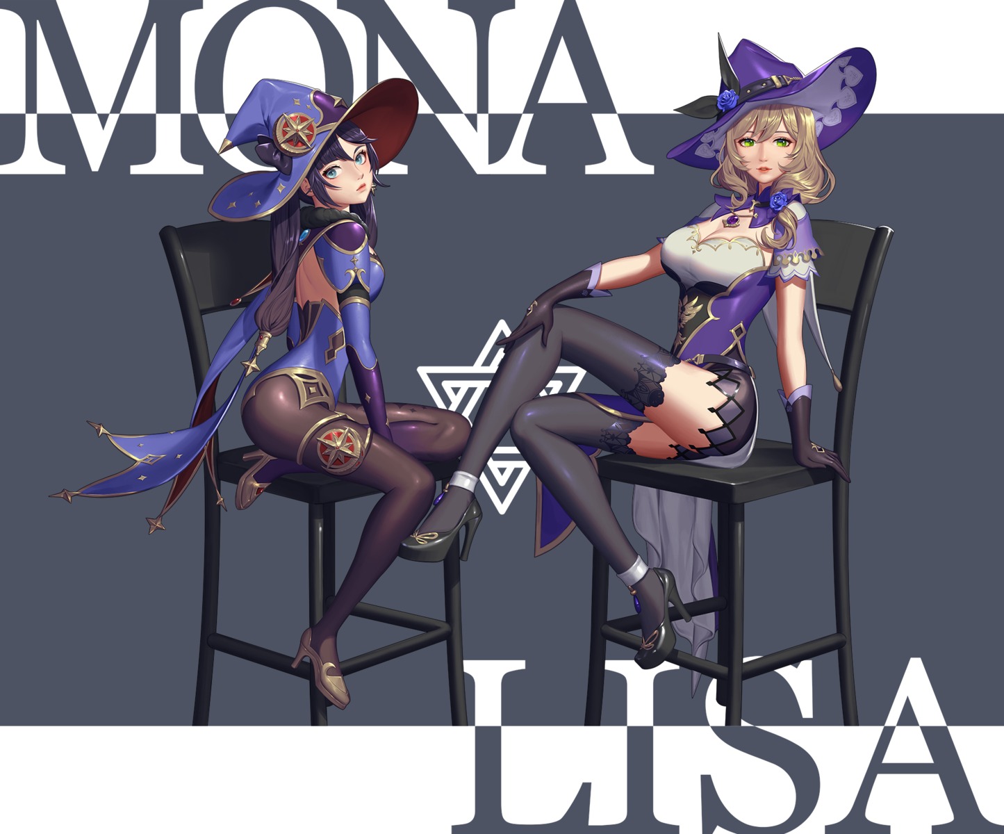 cleavage garter genshin_impact heels leotard lisa_(genshin_impact) mona_megistus no_bra pantyhose tenka thighhighs witch