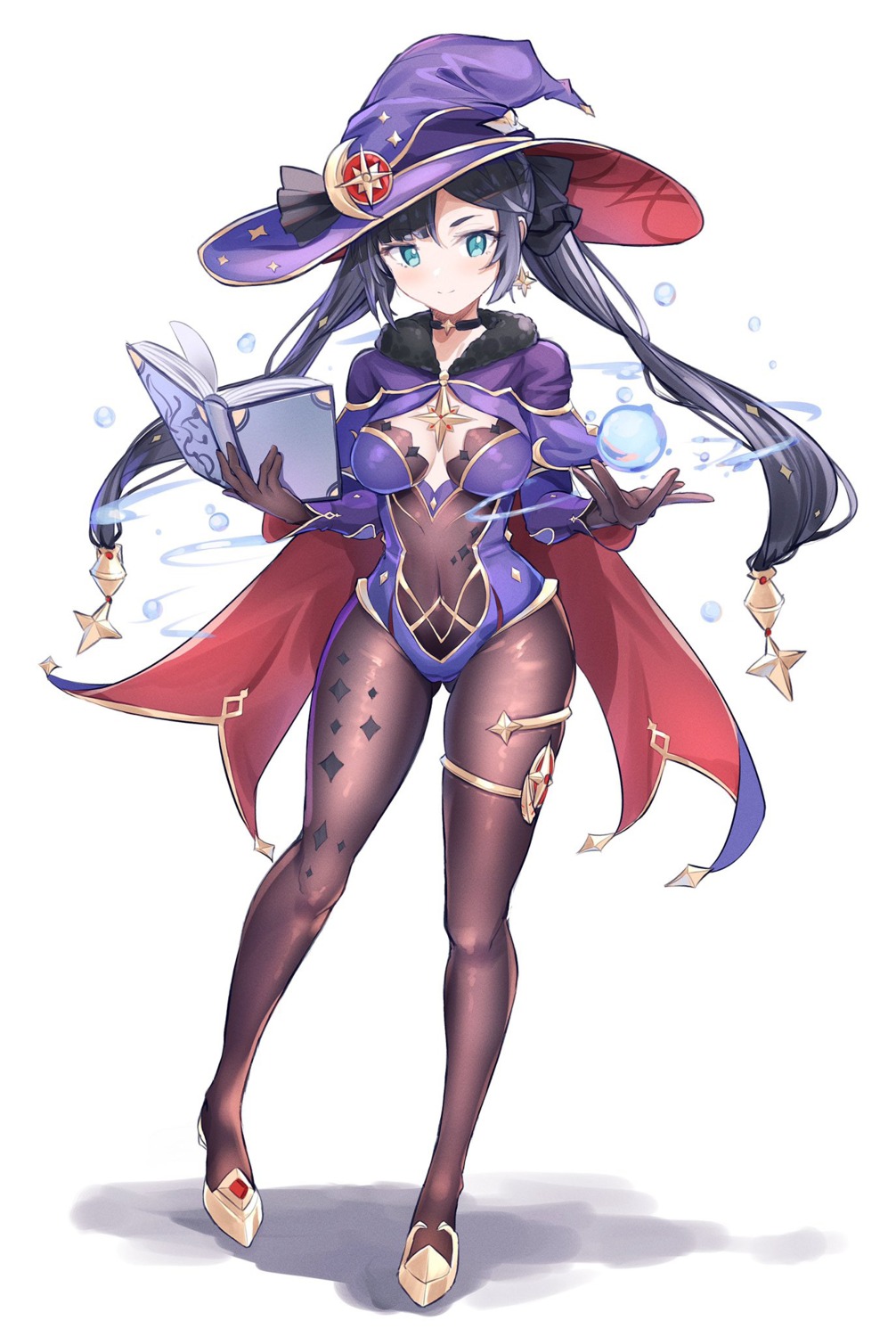 cleavage garter genshin_impact gu_luco heels leotard mona_megistus no_bra pantyhose witch