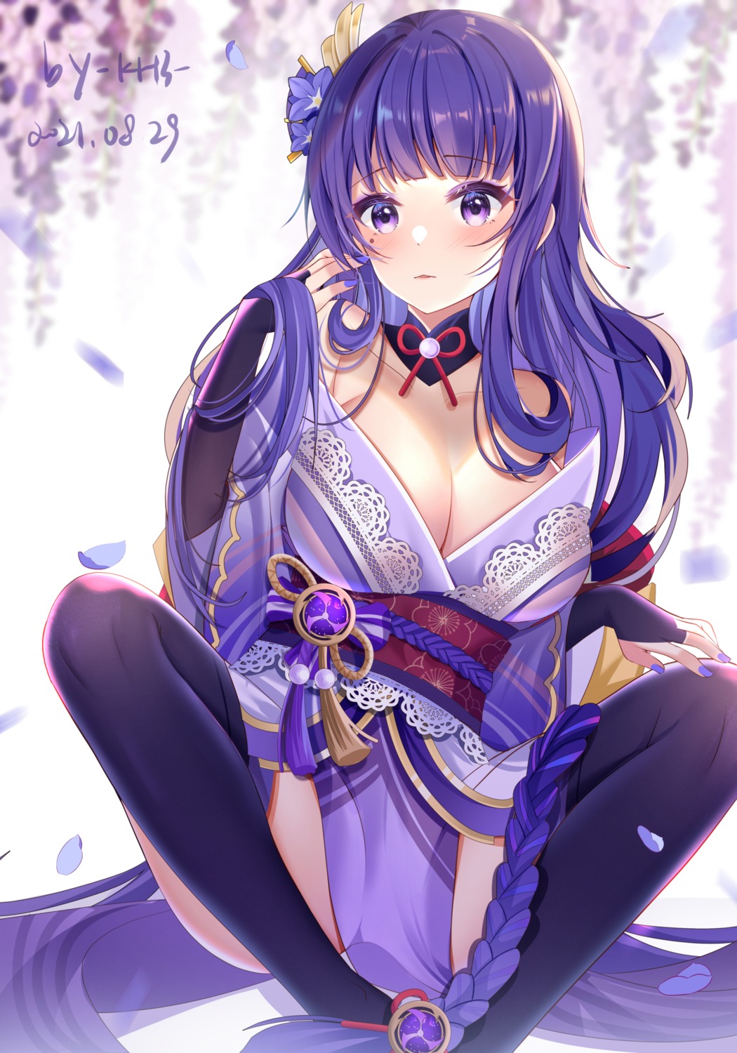 genshin_impact japanese_clothes miaogujun no_bra open_shirt raiden_shogun thighhighs